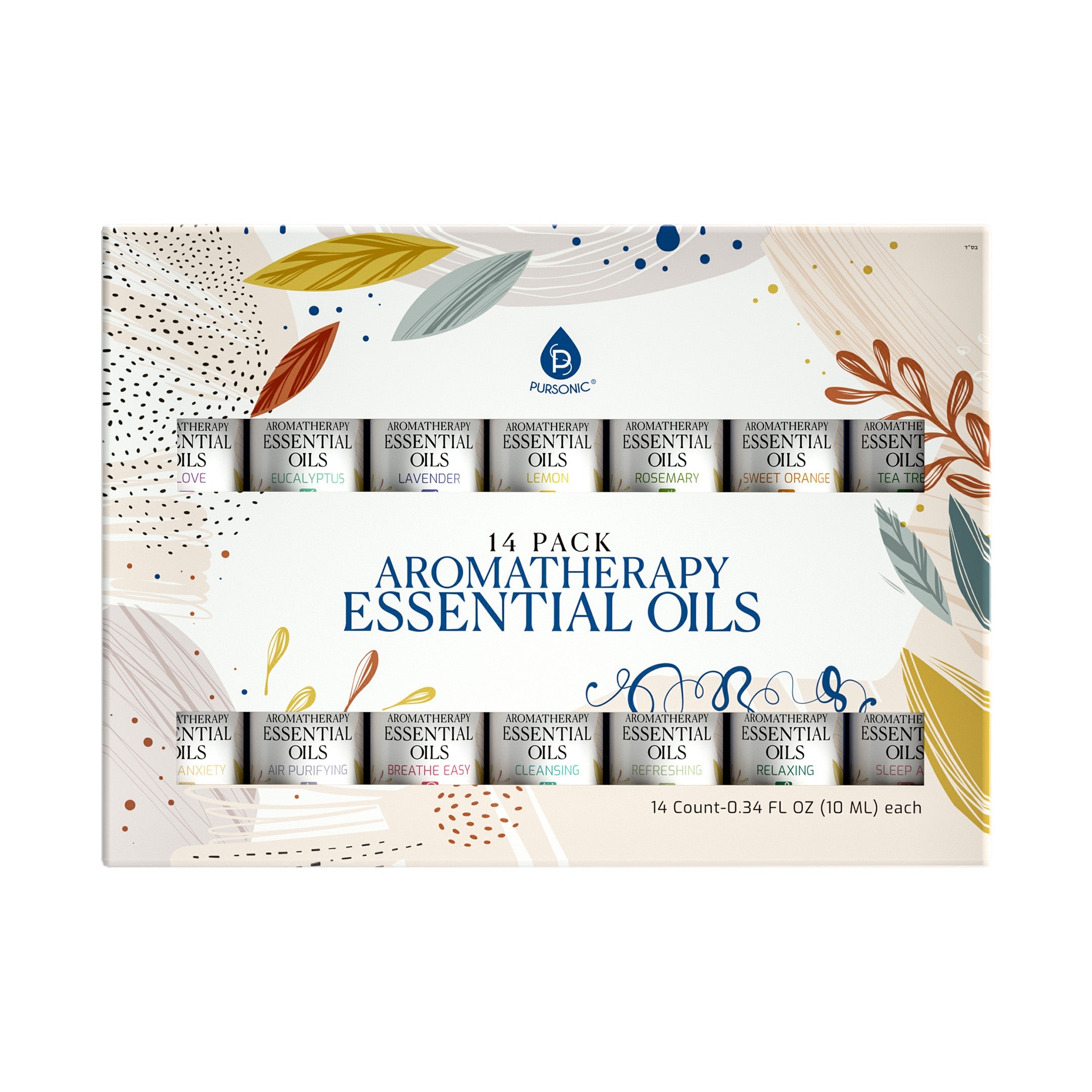 Fourteen piece aromatherapy essential oil gift set featuring assorted glass bottles with natural plant extracts.