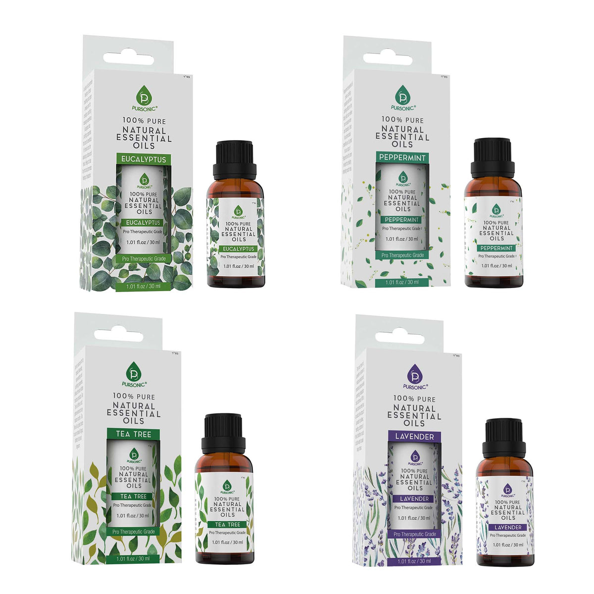 Pursonic 4-Pack Pure & Natural Essential Oils Collection – Eucalyptus, Lavender, Tea Tree, and Peppermint-0