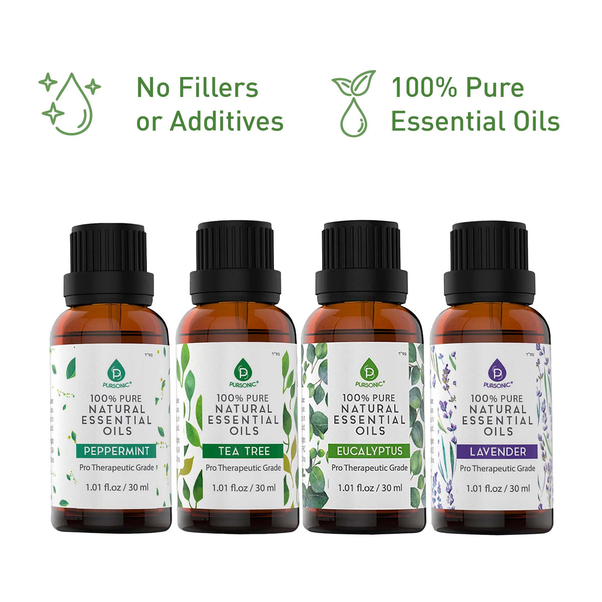 Pursonic 4-Pack Pure & Natural Essential Oils Collection – Eucalyptus, Lavender, Tea Tree, and Peppermint-1