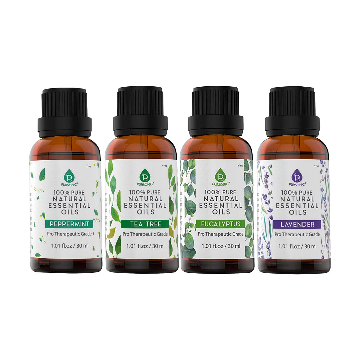 Pursonic 4-Pack Pure & Natural Essential Oils Collection – Eucalyptus, Lavender, Tea Tree, and Peppermint-3
