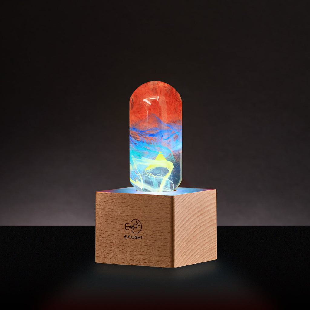 Youth table lamp with handcrafted vibrant resin LED bulb on a solid beech wood base