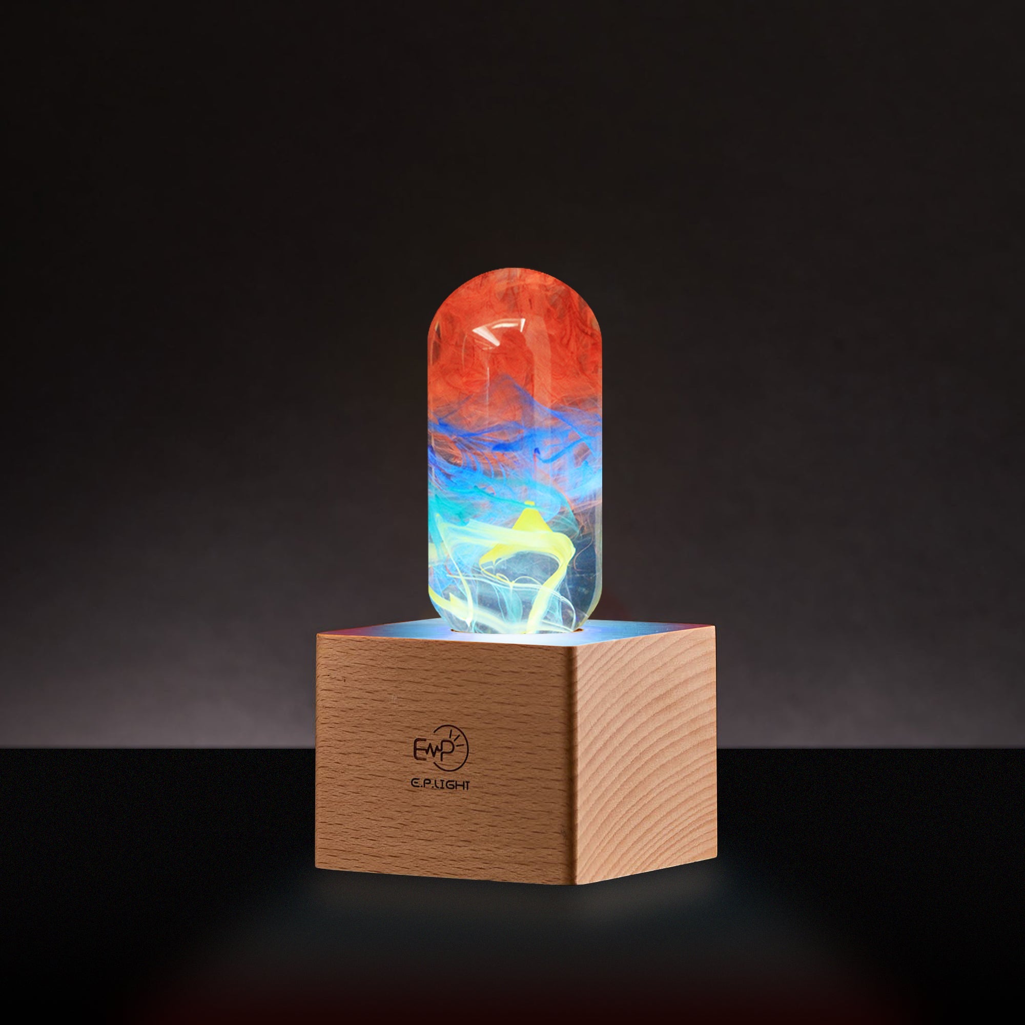 Youth table lamp with handcrafted vibrant resin LED bulb on a solid beech wood base