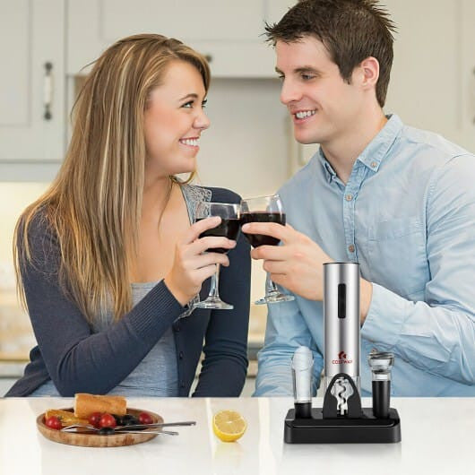 6-in-1 electric wine opener set in stainless steel with base foil cutter pourer and stoppers