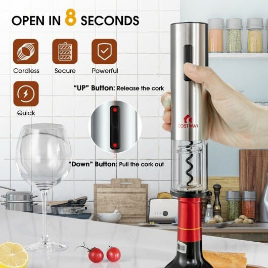 6-in-1 electric wine opener set in stainless steel with base foil cutter pourer and stoppers — view 2