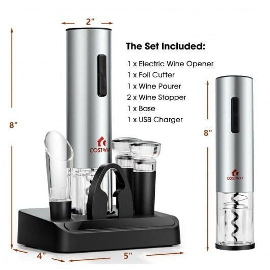 6-in-1 electric wine opener set in stainless steel with base foil cutter pourer and stoppers — view 3