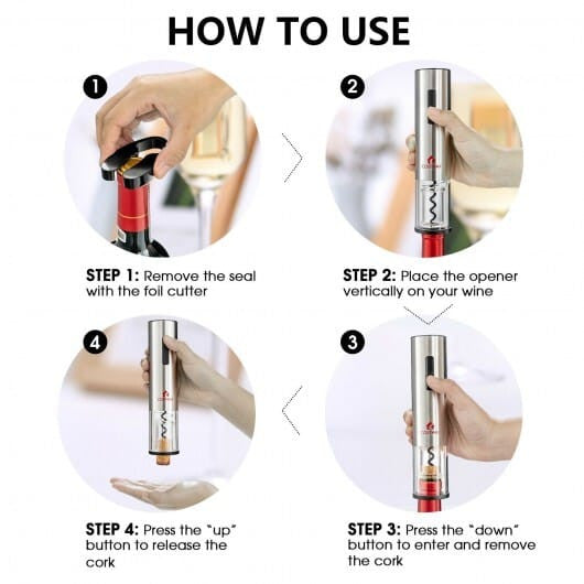 6-in-1 electric wine opener set in stainless steel with base foil cutter pourer and stoppers — view 4