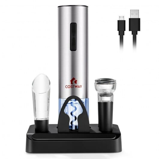 6-in-1 electric wine opener set in stainless steel with base foil cutter pourer and stoppers — view 5