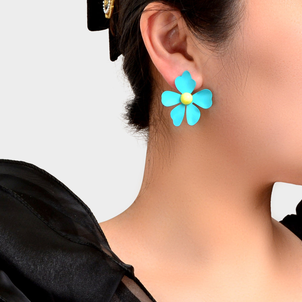 Blue and pink flower stud earrings with intricate petal details on a white background — view 2
