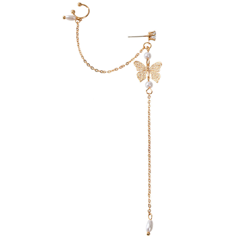 Crystal and pearl butterfly ear cuff with a long dangling chain and cartilage stud — view 5