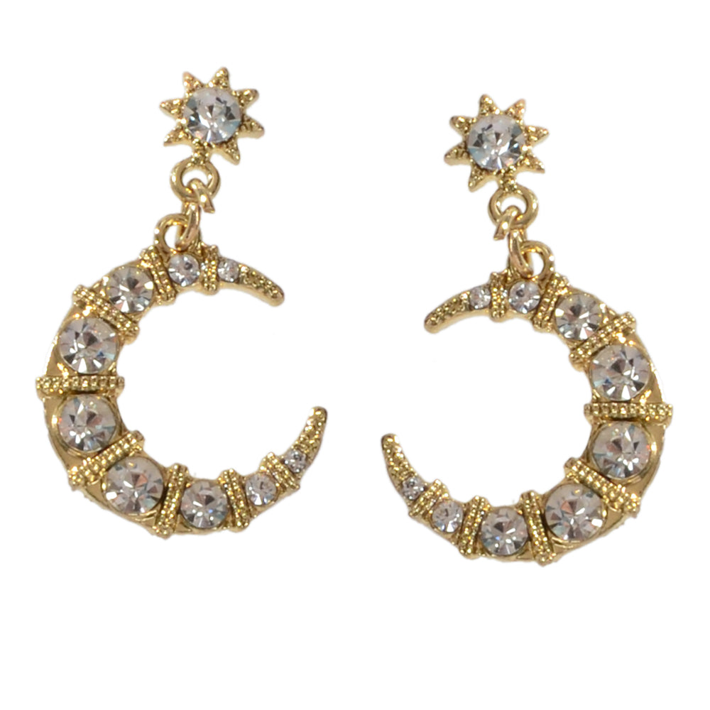 Textured luxury rhinestone star and moon dangle earrings for weddings and evening wear — view 5