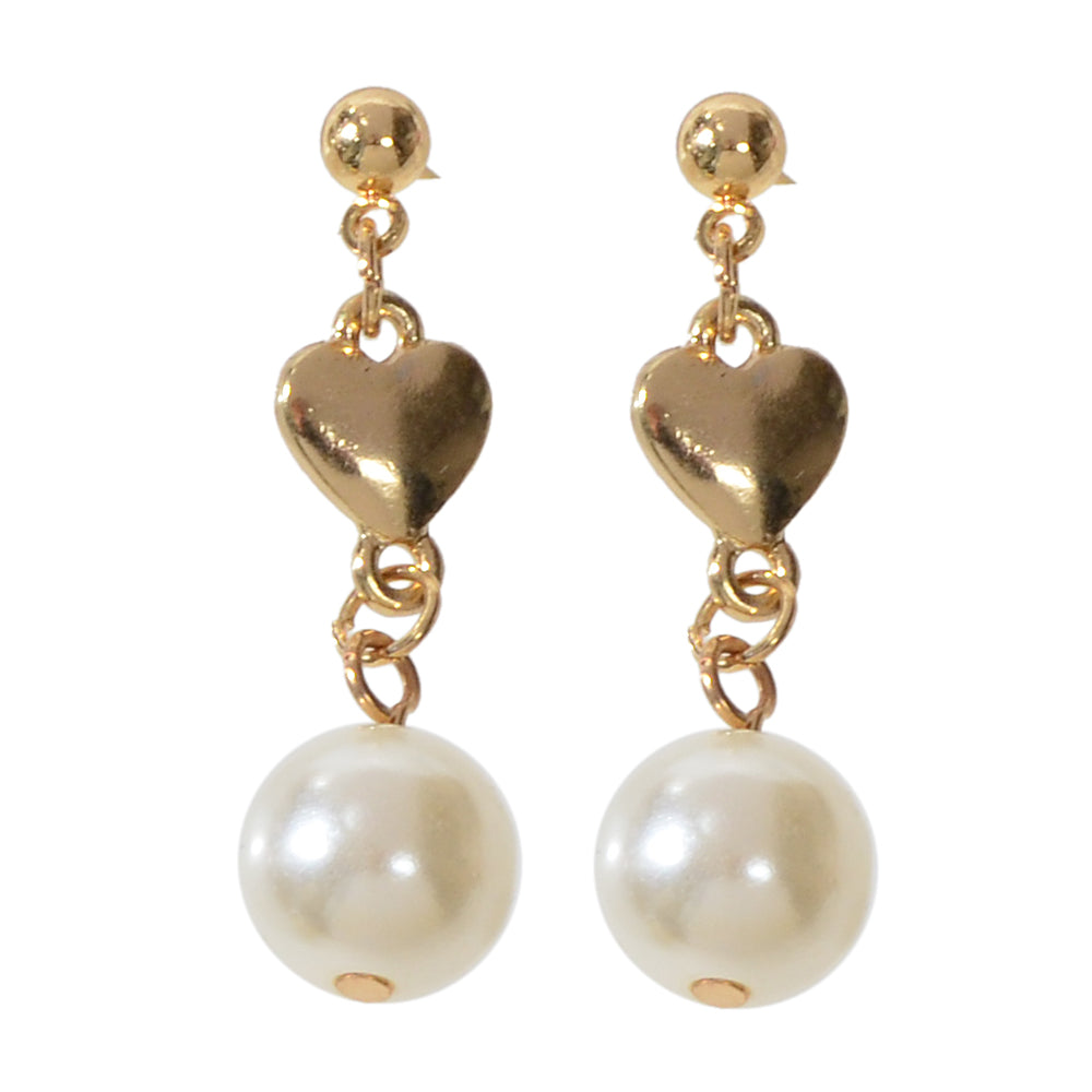 Gold heart drop earrings with simulated pearls for weddings and anniversaries on a white background — view 5