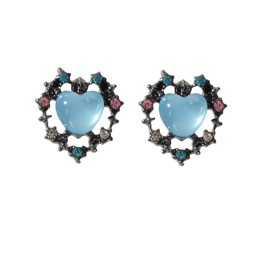 Retro blue opal heart stud earrings with colorful rhinestone halo on a clean background — view 5