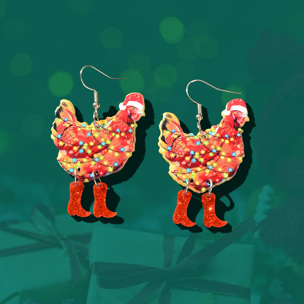 Red rooster acrylic dangle earrings with painted colorful Christmas lights design for women — view 2