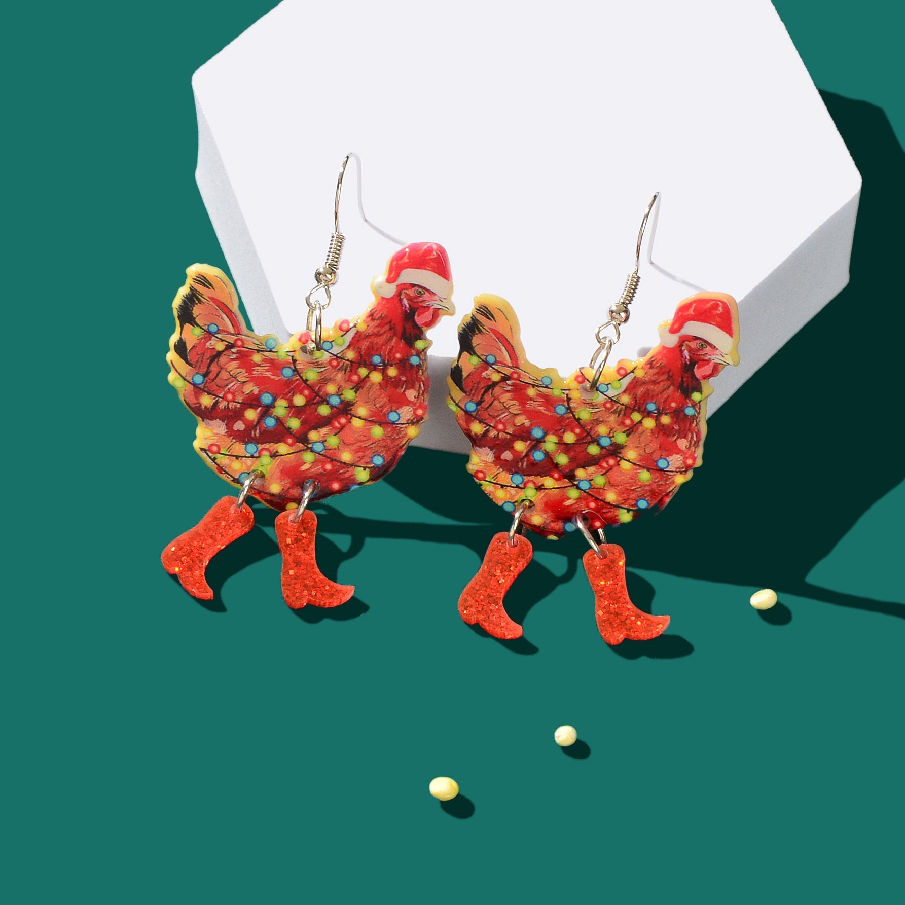 Red rooster acrylic dangle earrings with painted colorful Christmas lights design for women — view 3