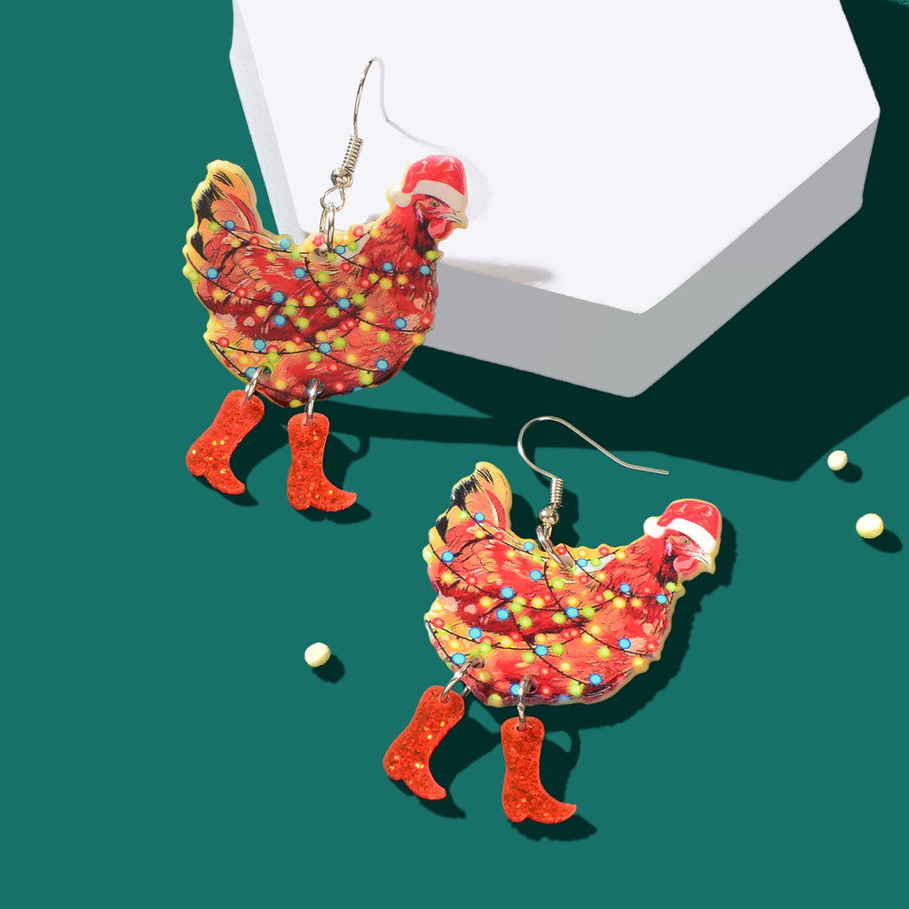Red rooster acrylic dangle earrings with painted colorful Christmas lights design for women — view 4