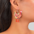Red rooster acrylic dangle earrings with painted colorful Christmas lights design for women