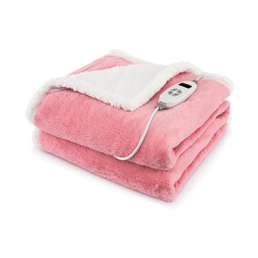Pink electric heated blanket throw in soft sherpa fleece and faux rabbit velvet — view 10