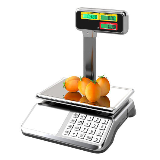 Digital commercial food scale with dual LCD pole display and stainless steel weighing platform — view 2
