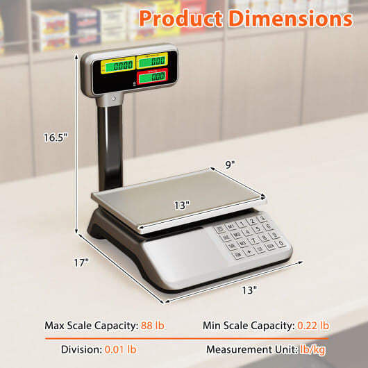 Digital commercial food scale with dual LCD pole display and stainless steel weighing platform — view 3