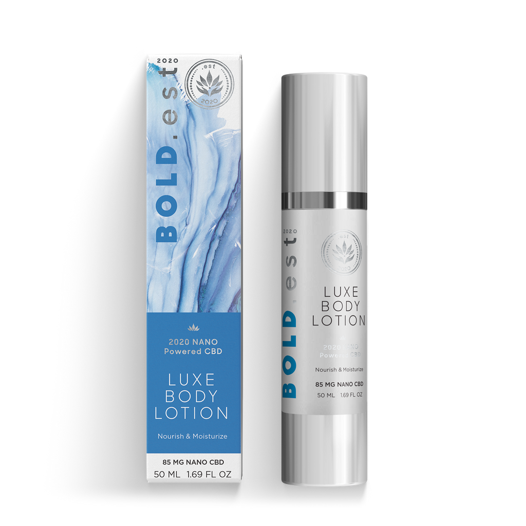 Nano powered CBD luxe body lotion in a travel size bottle with natural botanical ingredients