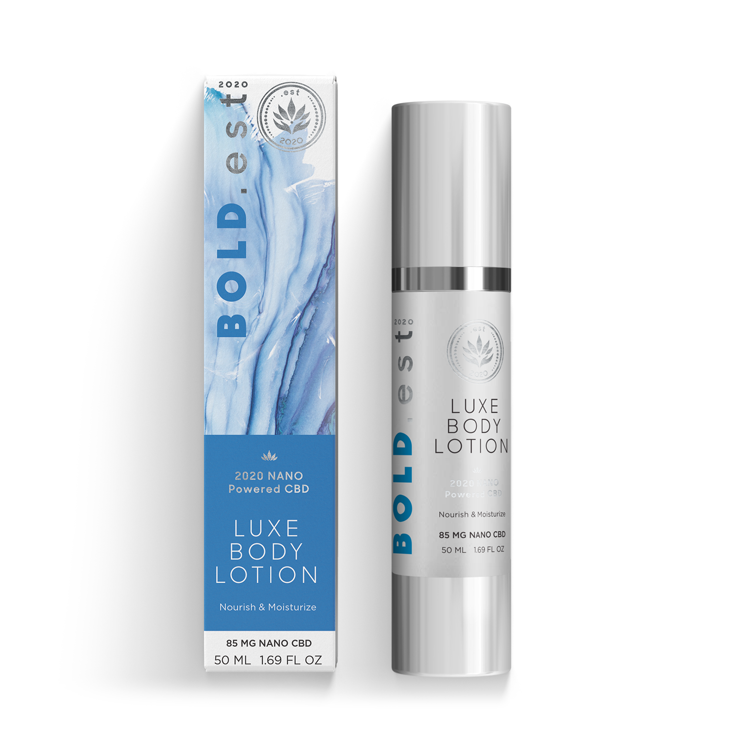 Nano powered CBD luxe body lotion in a travel size bottle with natural botanical ingredients