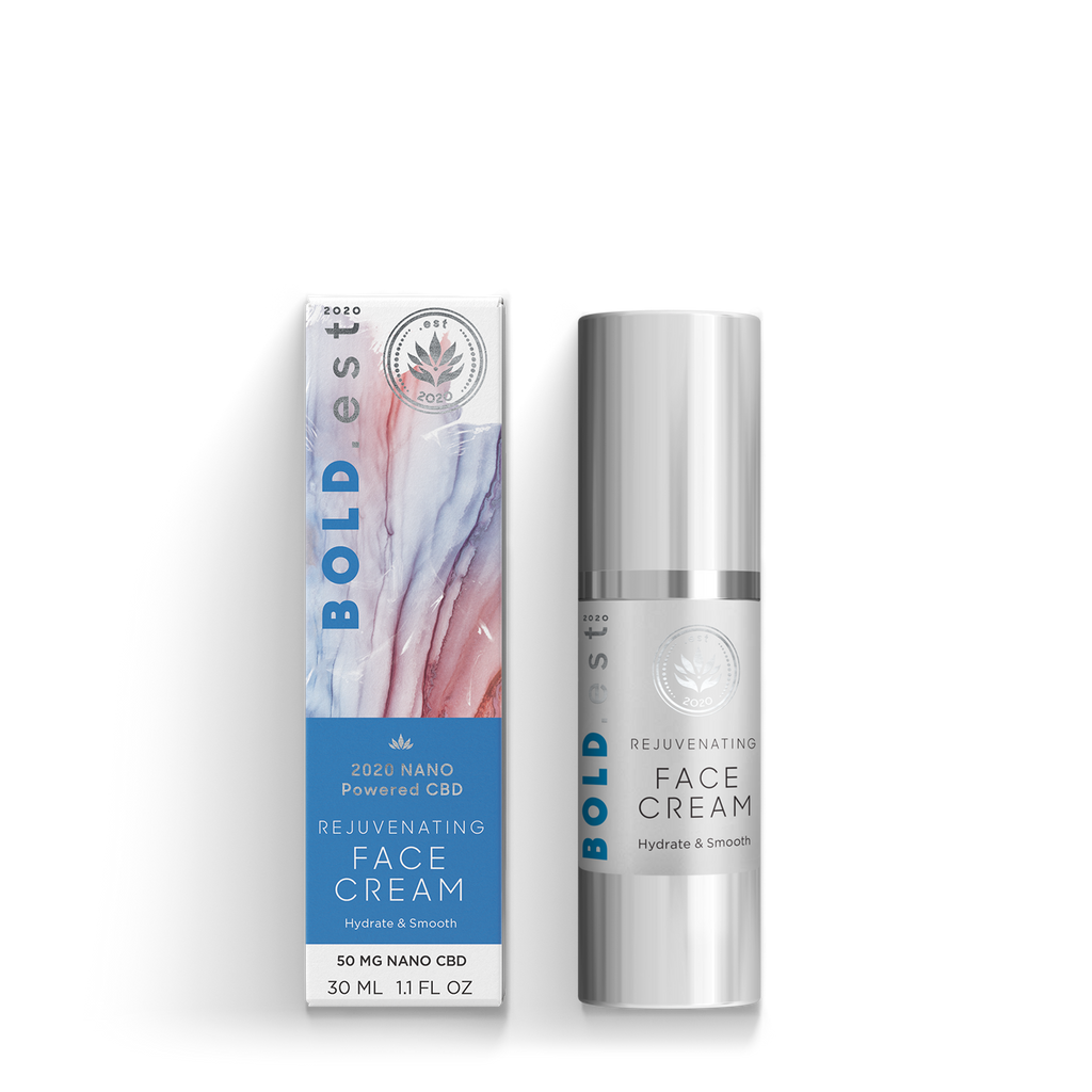 est 2020 Nano Powered CBD Face Cream bottle with elegant packaging for daily skincare hydration
