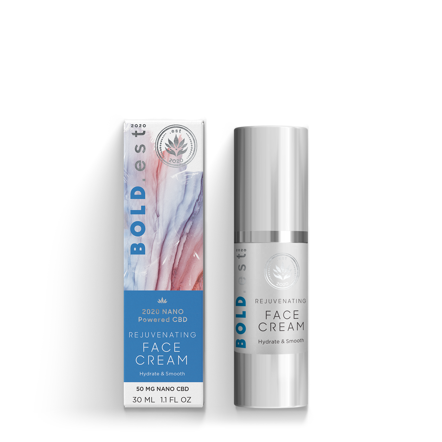 est 2020 Nano Powered CBD Face Cream bottle with elegant packaging for daily skincare hydration
