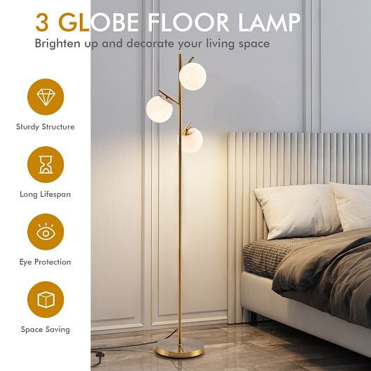 Golden 3-globe floor lamp with frosted glass shades, steel pole, and sturdy weighted base — view 2