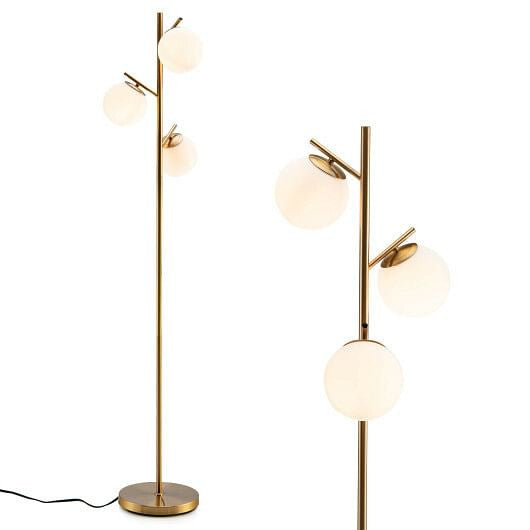 Golden 3-globe floor lamp with frosted glass shades, steel pole, and sturdy weighted base — view 3
