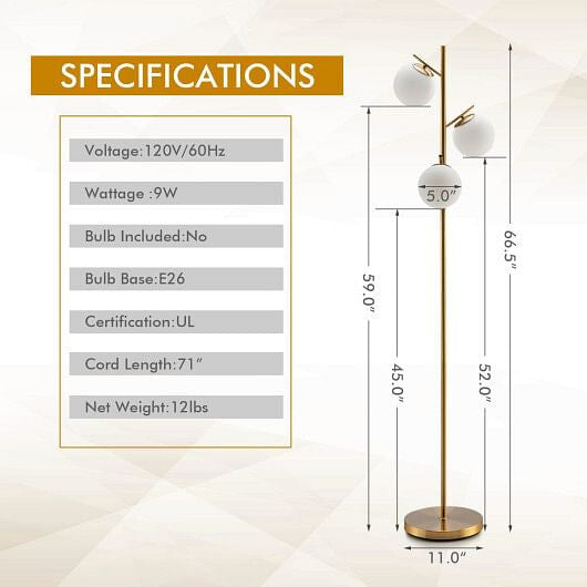 Golden 3-globe floor lamp with frosted glass shades, steel pole, and sturdy weighted base — view 4