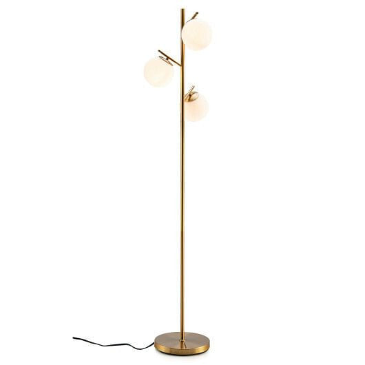 Golden 3-globe floor lamp with frosted glass shades, steel pole, and sturdy weighted base — view 5