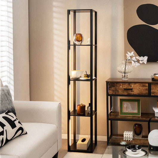 64-inch modern walnut floor lamp with four display shelves and dimmable LED poles. — view 3