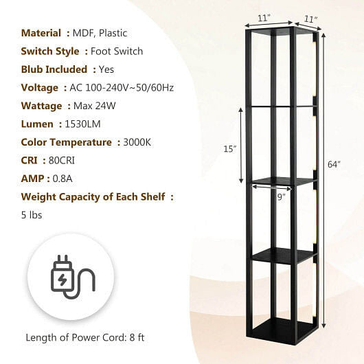 64-inch modern walnut floor lamp with four display shelves and dimmable LED poles. — view 6
