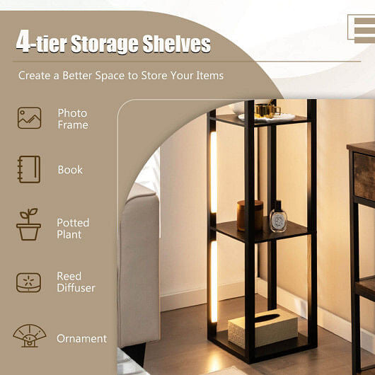 64-inch modern walnut floor lamp with four display shelves and dimmable LED poles. — view 4
