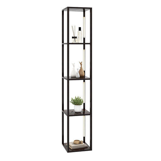 64-inch modern walnut floor lamp with four display shelves and dimmable LED poles. — view 2