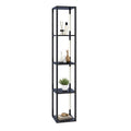 64-inch modern walnut floor lamp with four display shelves and dimmable LED poles.