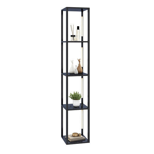 64-inch modern walnut floor lamp with four display shelves and dimmable LED poles.