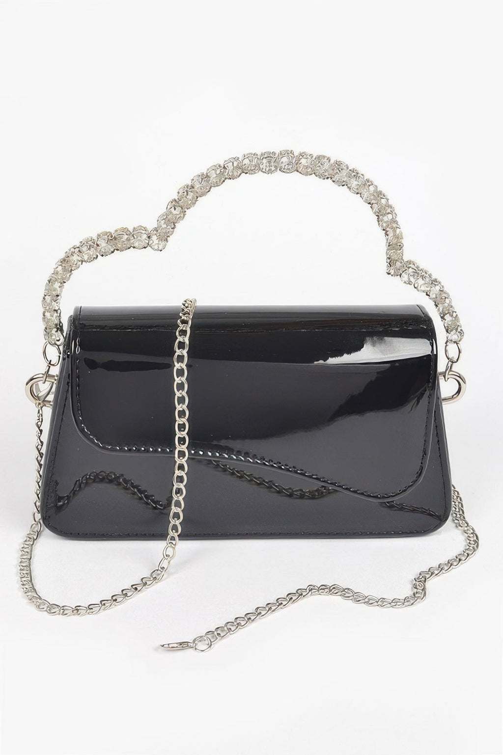 Glitter evening bag with structured silhouette and sparkling rhinestone top handle for formal events