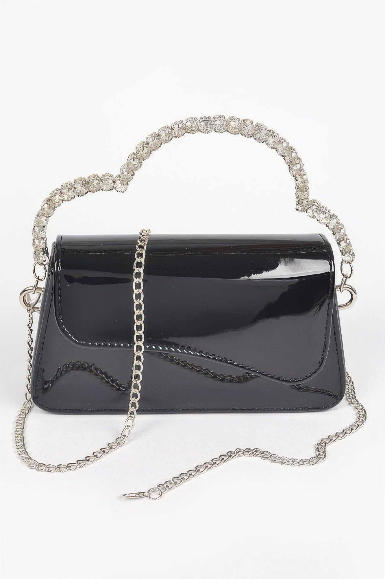 Glitter evening bag with structured silhouette and sparkling rhinestone top handle for formal events
