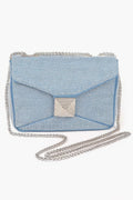 GRAMERCY denim evening clutch bag with hot-fix rhinestones and mixed metal hardware