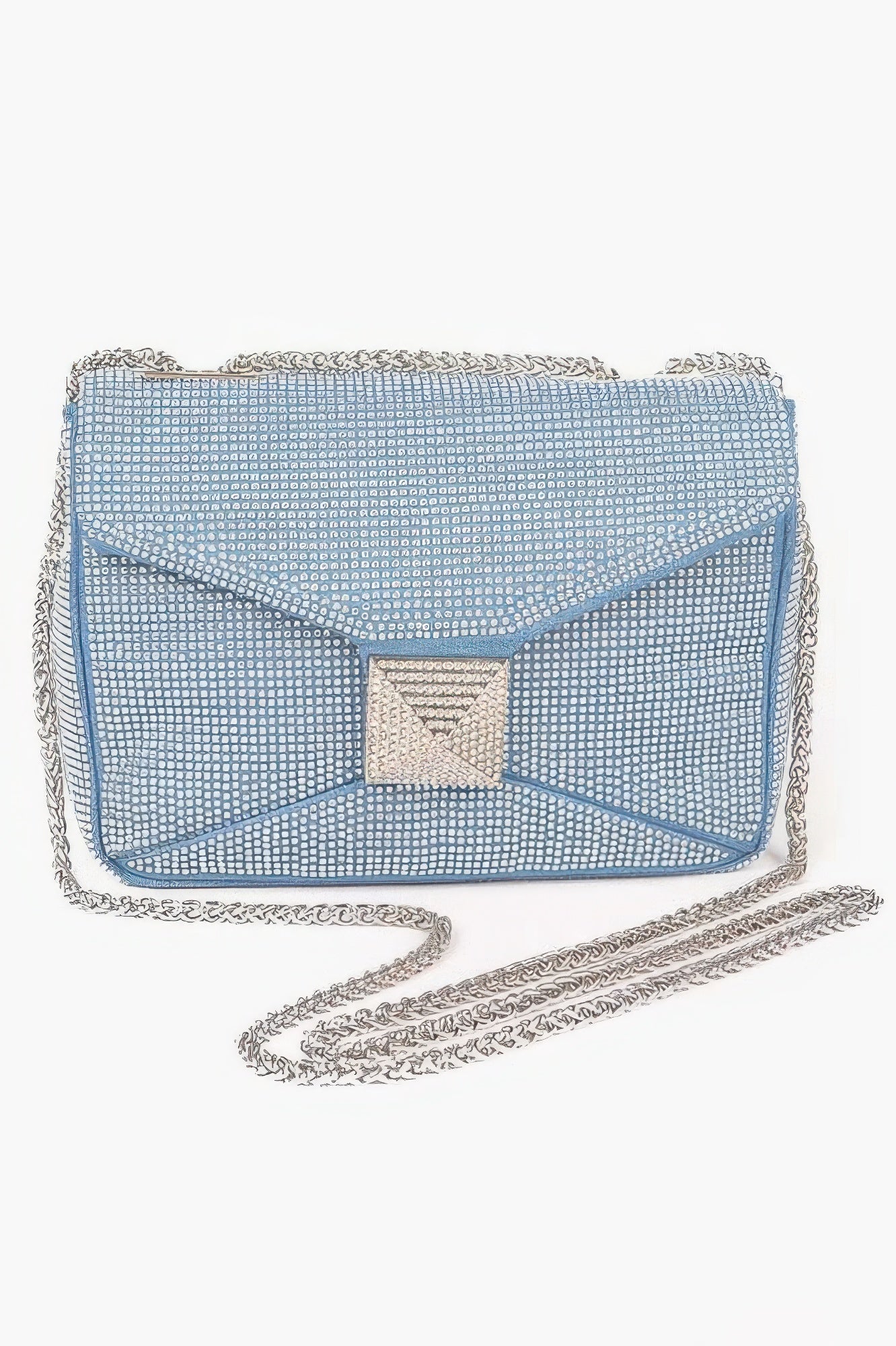 GRAMERCY denim evening clutch bag with hot-fix rhinestones and mixed metal hardware