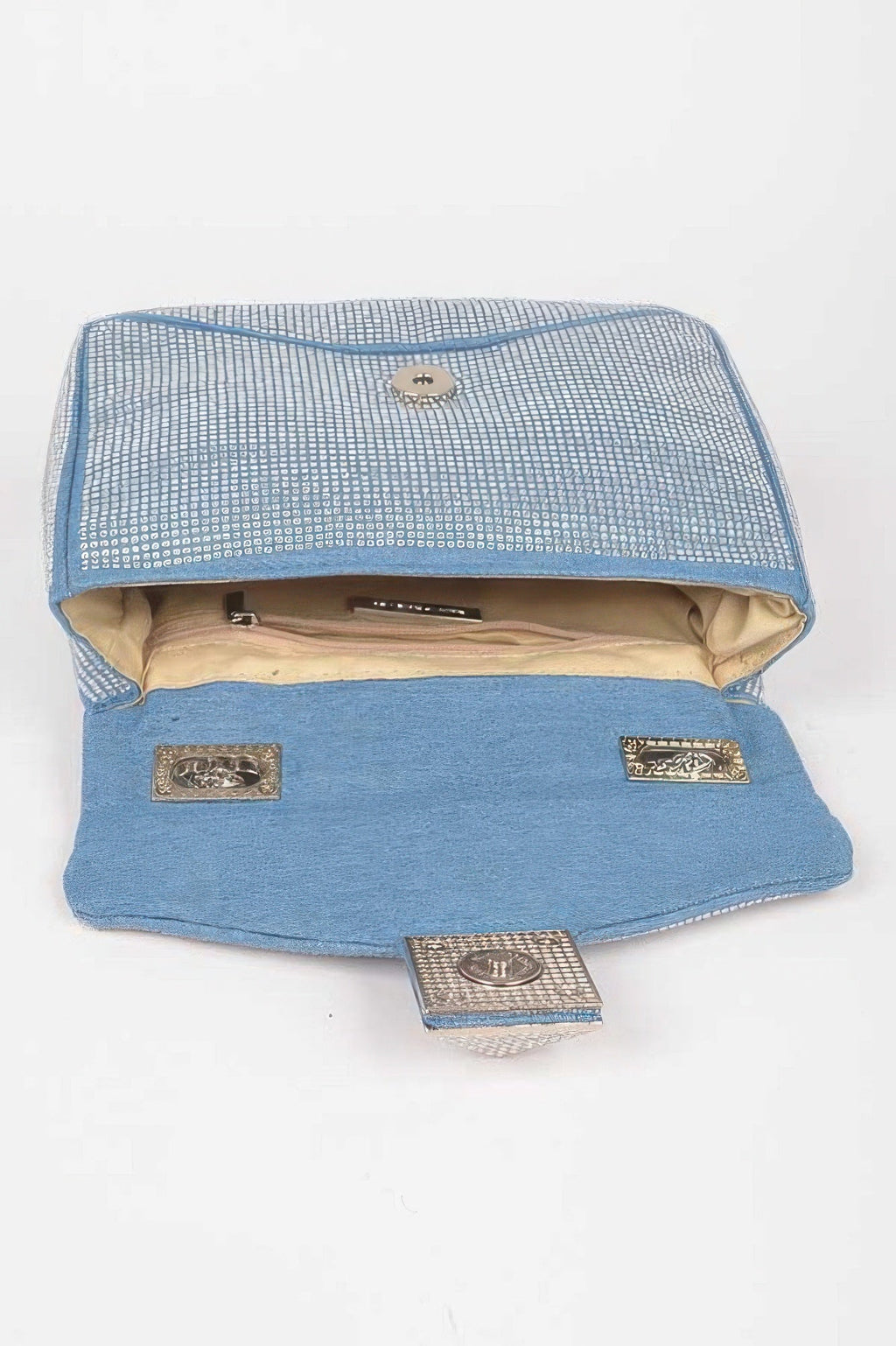 GRAMERCY denim evening clutch bag with hot-fix rhinestones and mixed metal hardware — view 4
