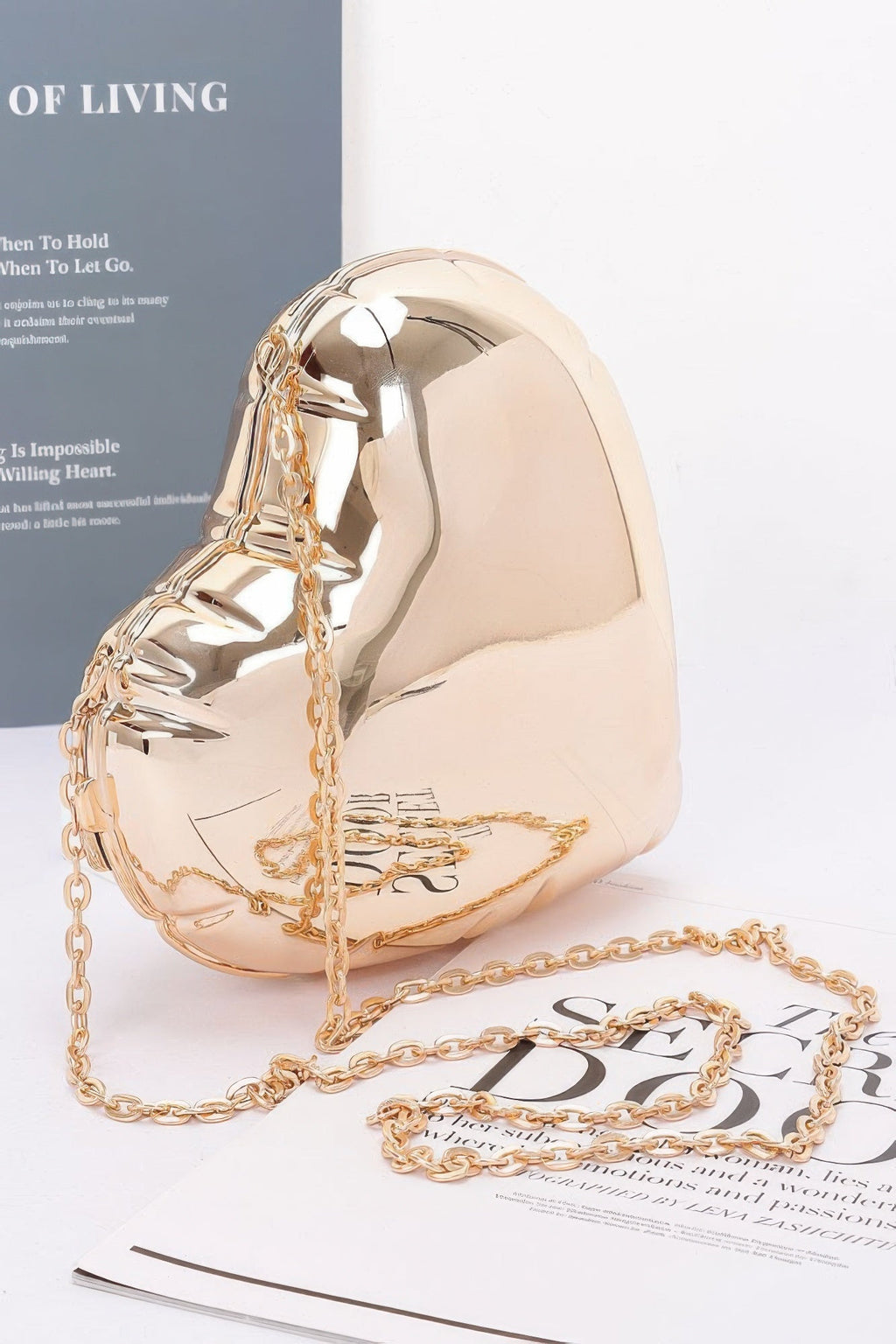 Valentine heart-shaped acrylic evening bag clutch with glossy hard case and metallic accents — view 3