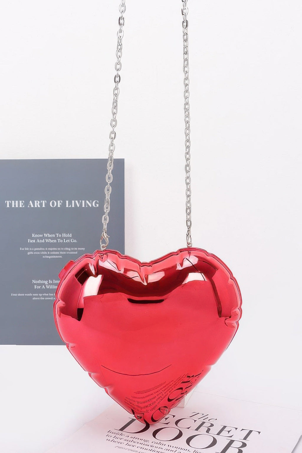 Valentine heart-shaped acrylic evening bag clutch with glossy hard case and metallic accents