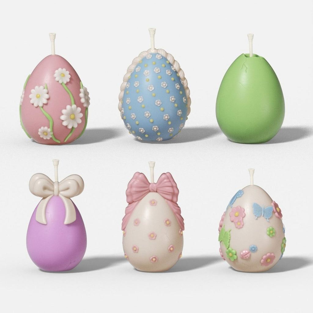 Floral Easter egg silicone 3D candle molds showcasing intricate bow and flower designs