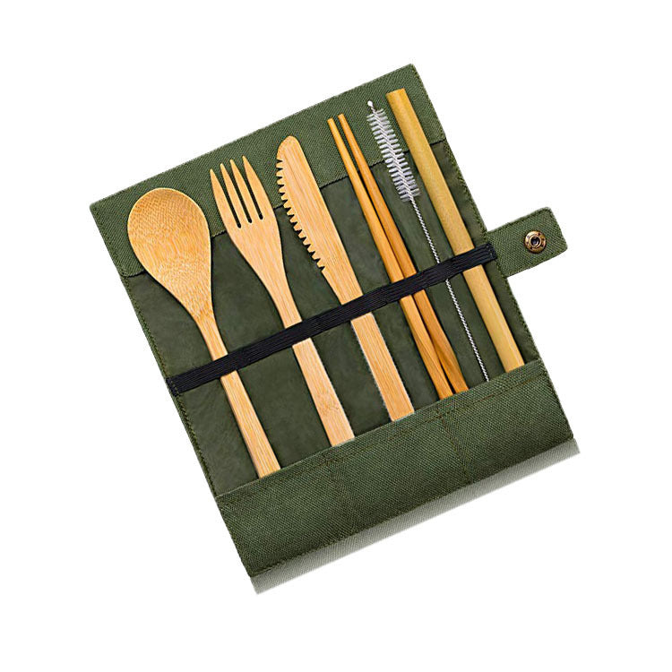 Eco-friendly bamboo cutlery set with fork, knife, spoon, chopsticks, straw, and travel pouch.