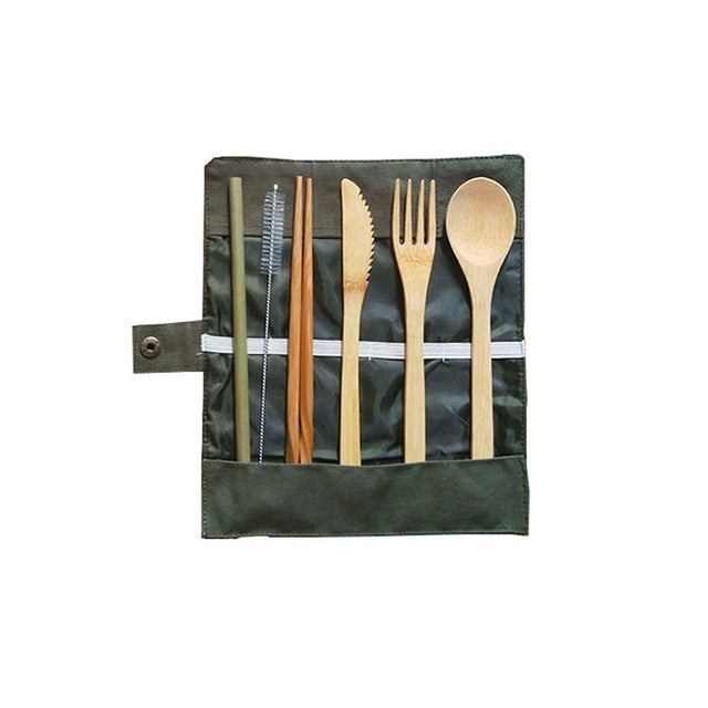 Eco-friendly bamboo cutlery set with fork, knife, spoon, chopsticks, straw, and travel pouch. — view 4