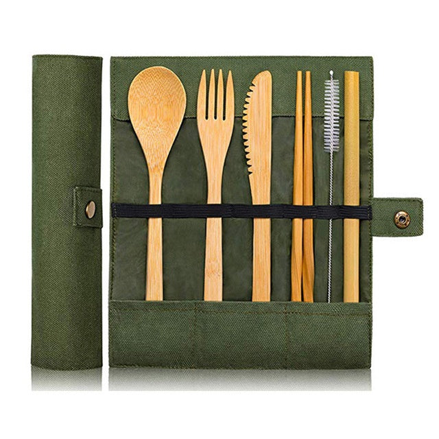 Eco-friendly bamboo cutlery set with fork, knife, spoon, chopsticks, straw, and travel pouch. — view 5