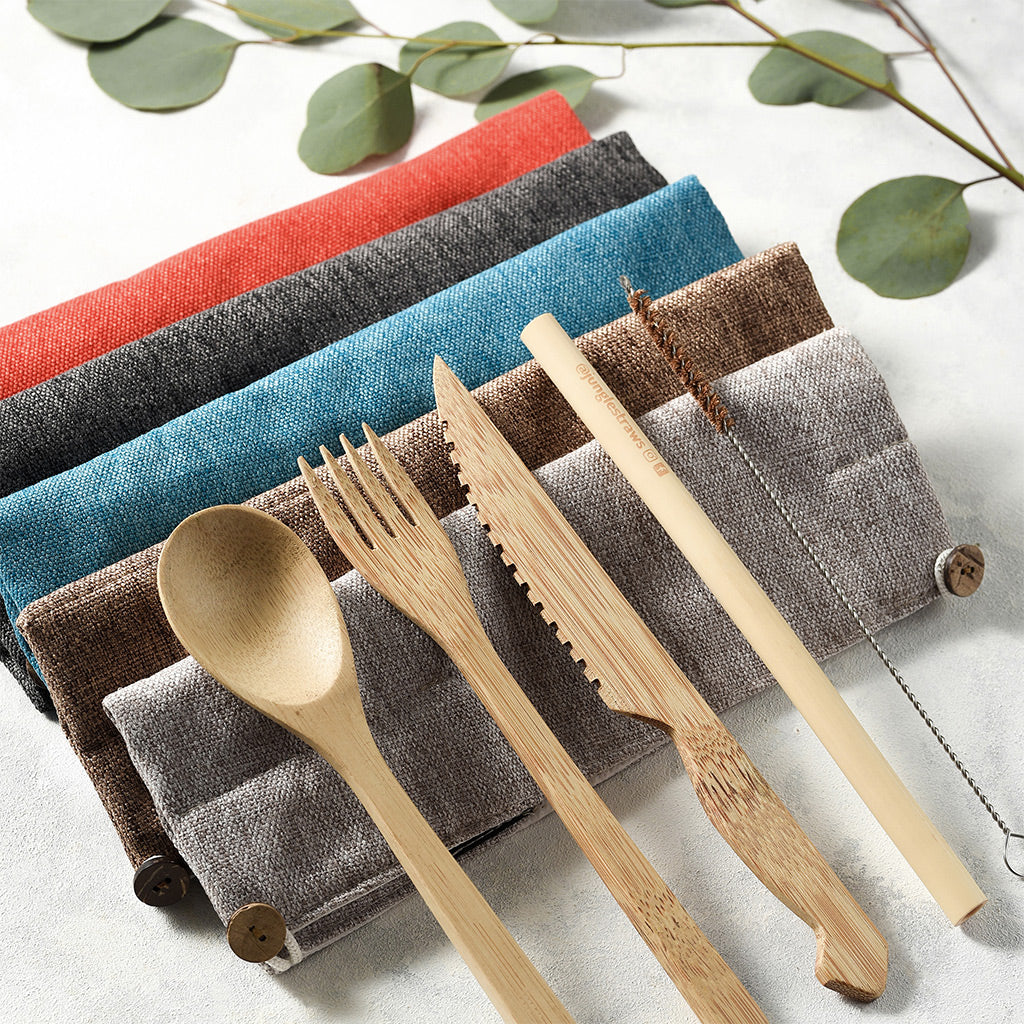 Bamboo travel cutlery set with knife fork spoon straw and brush in a red jute bag — view 3