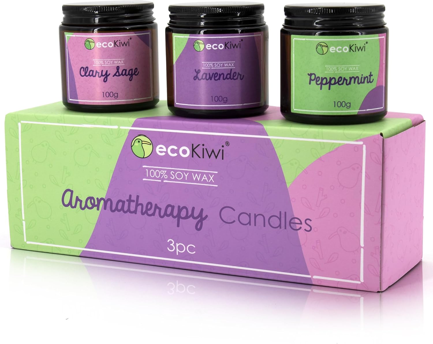 Scented soy candle trio in amber glass jars with natural cotton wicks and plastic-free packaging — view 3